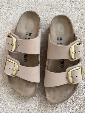 Birkenstock  Double Buckle Sandals in Nude with Gold Buckles
Women's